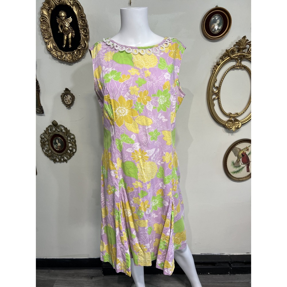 Vintage 1970s Floral Lace-Trimmed Sleeveless Midi Dress Size 1X